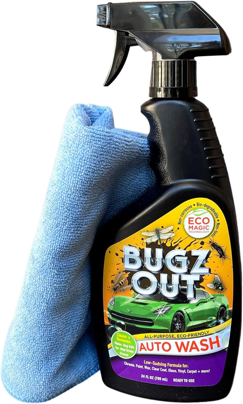 Bugz Out منظف حشرات السيارات، مزيل وغسيل - رذاذ لإزالة الحشرات، القطران، فضلات الطيور من خارج السيارة والزجاج الأمامي. إزالة الخطوط السوداء دون خدش أو إزالة الطلاء. زجاجة رذاذ سعة 24 أونصة مع قطعة قماش ميكروفايبر. - Image 1